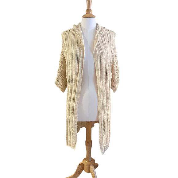 American Eagle Ivory Short Sleeve Hooded Open Knit Open Front Cardigan Duster S - Picture 1 of 9